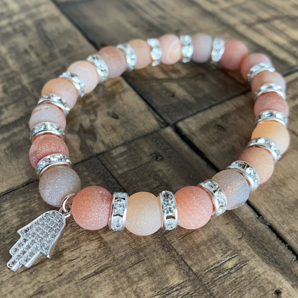 8mm Orange Druzy Agate Hamsa Chakra Bracelet - Picture 3 of 4